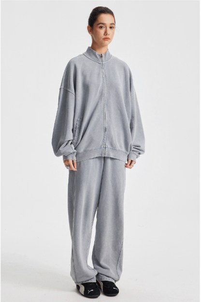 Women's Cotton Streetwear Set:Stand Collar Jacket And Wide-Leg Pant