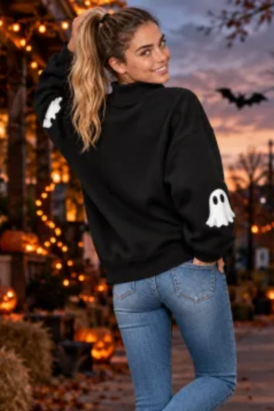Women Fall Clothing Halloween Ghost Mock Neck Sweatshirt