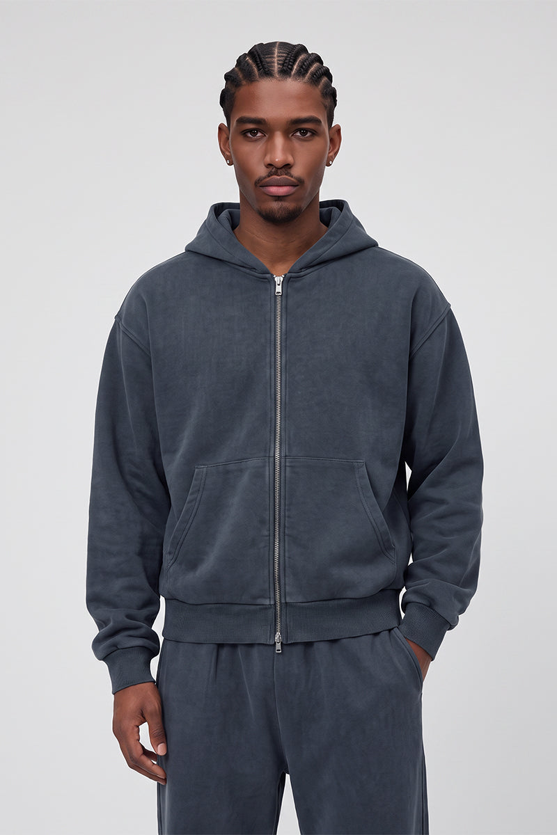 Men Fall Washed Vintage Boxy Double Zip Hoodie