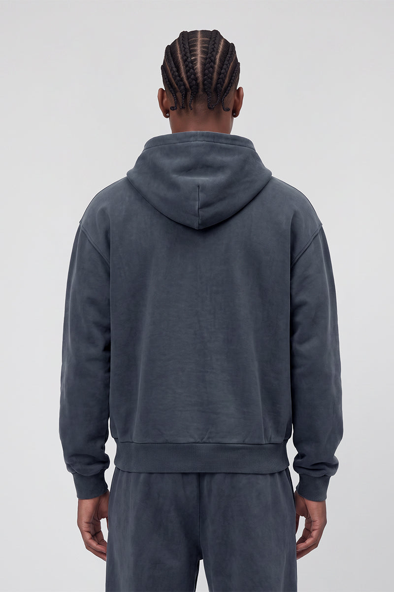 Men Fall Washed Vintage Boxy Double Zip Hoodie