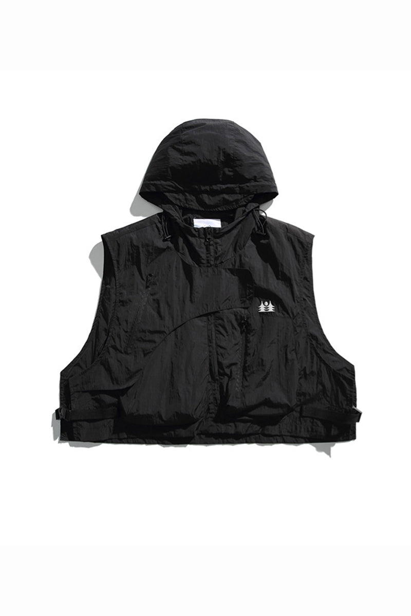 Men's Summer Hooded Multi-Pocket Cropped Utility Cargo Vest