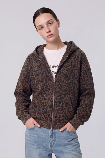 Women's Fall Winter Leopard-Print Zip-Up Hooded Jacket