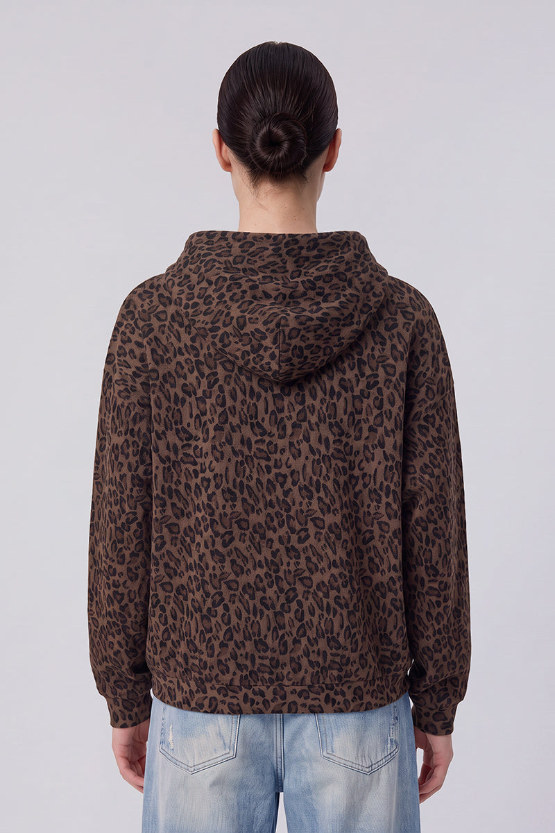 Women's Fall Winter Leopard-Print Zip-Up Hooded Jacket