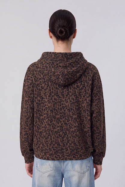 Women's Fall Winter Leopard-Print Zip-Up Hooded Jacket