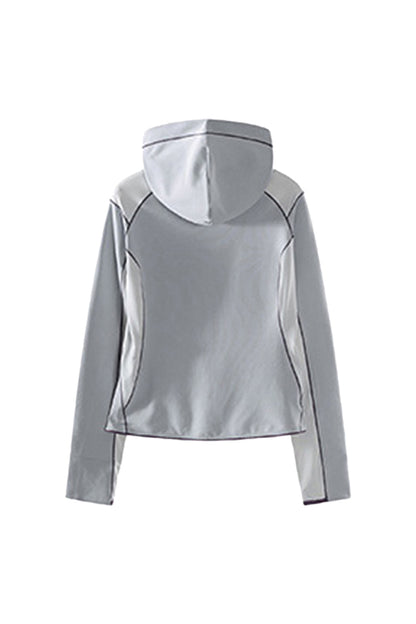 Women Spring Contrast Stitch Hooded Outdoor Long Sleeve Top