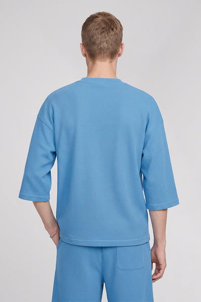 Men Spring Waffle Knit Drop Shoulder 3/4 Sleeve Top