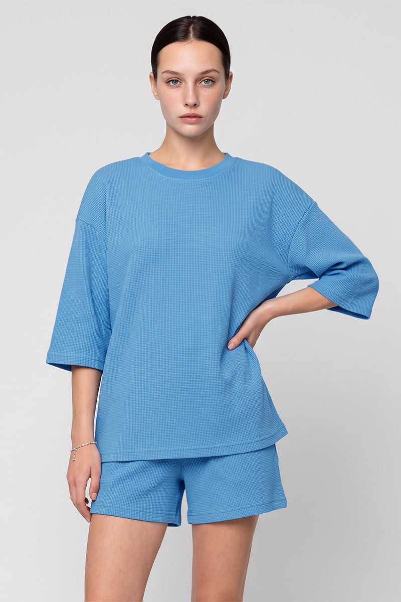 Women Spring Waffle Knit Drop Shoulder 3/4 Sleeve Top