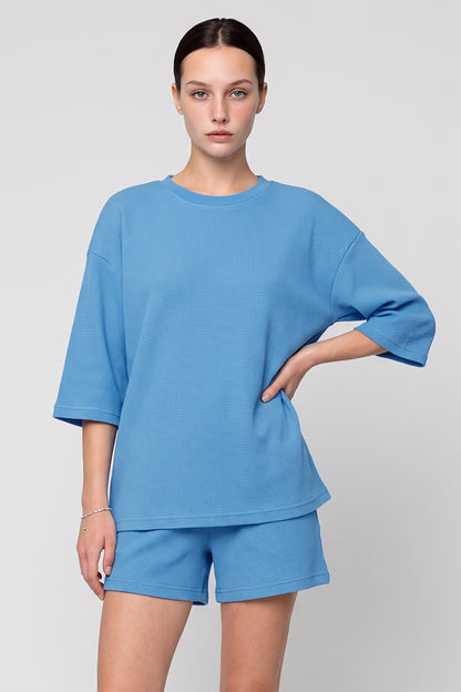 Women Spring Waffle Knit Drop Shoulder 3/4 Sleeve Top