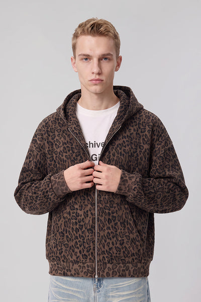 Men's Fall Winter Leopard-Print Zip-Up Hooded Jacket