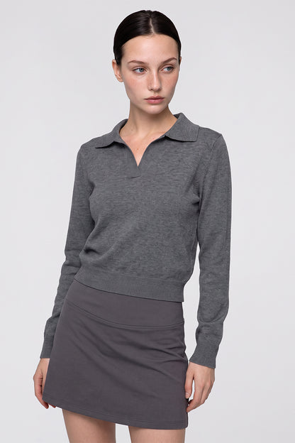 Women Fall 420G Cropped Polo Collar Knit Sweater