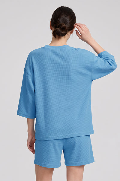 Women Spring Waffle Knit Drop Shoulder 3/4 Sleeve Top