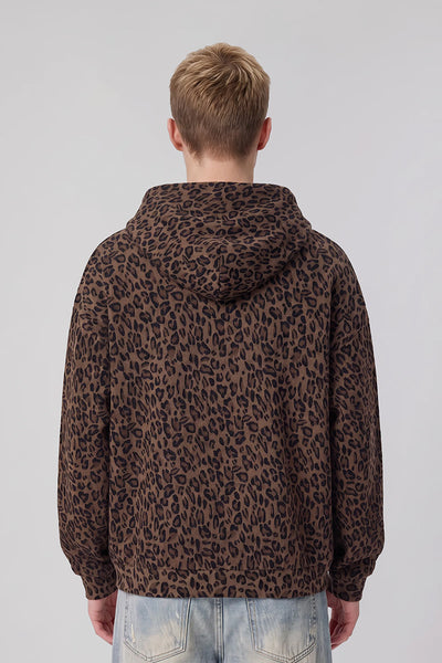 Men's Fall Winter Leopard-Print Zip-Up Hooded Jacket