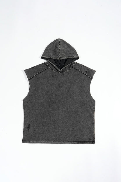 Men's Summer Stone-Washed Distressed Raw-Edge Hooded Tank