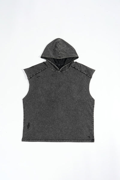 Women's Summer Stone-Washed Distressed Raw-Edge Hooded Tank