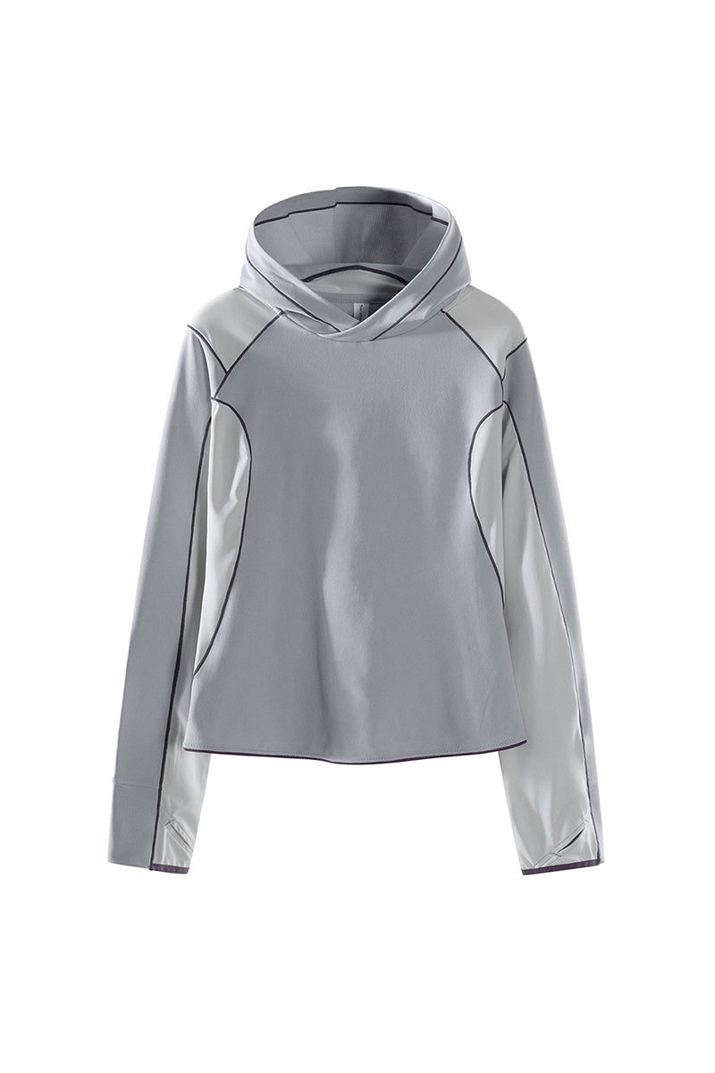 Women Spring Contrast Stitch Hooded Outdoor Long Sleeve Top