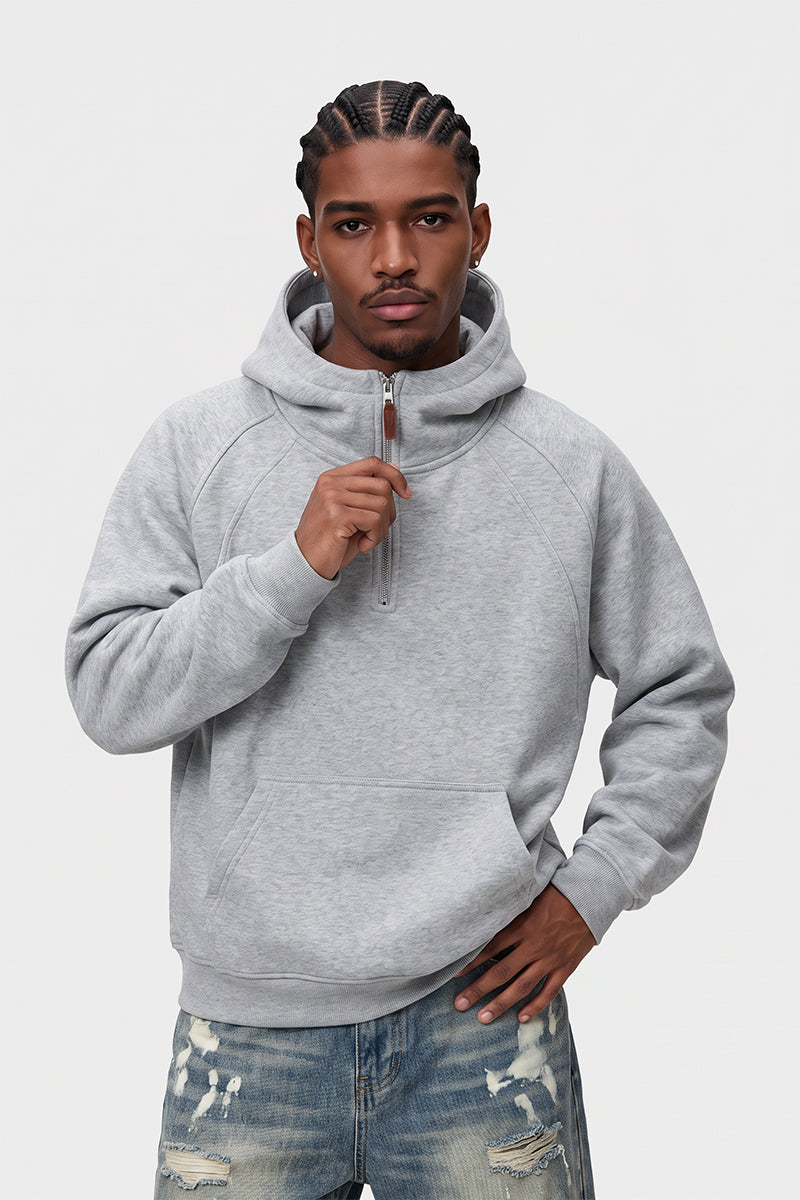 Men Winter Fleece Lined Half Zip High Collar Hoodie