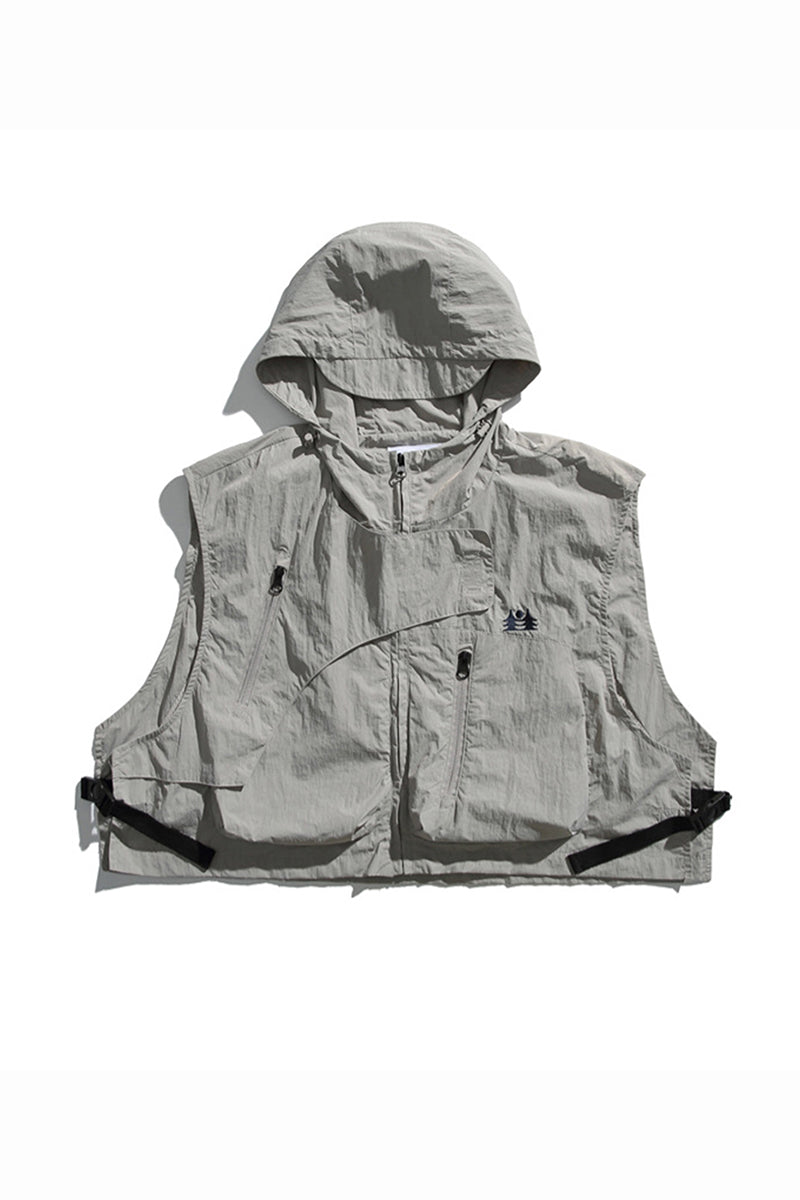 Men's Summer Hooded Multi-Pocket Cropped Utility Cargo Vest