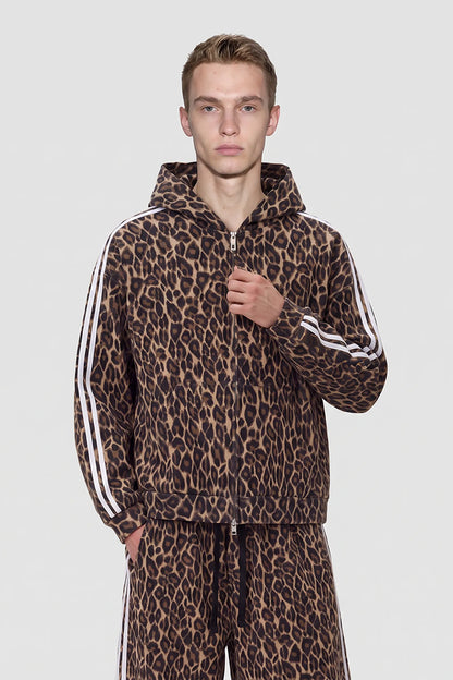Men's Fall Winter Vintage Leopard Zip-Up Hooded Jacket