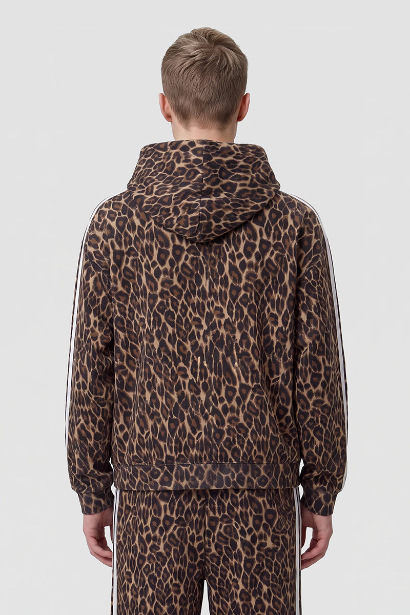 Men's Fall Winter Vintage Leopard Zip-Up Hooded Jacket