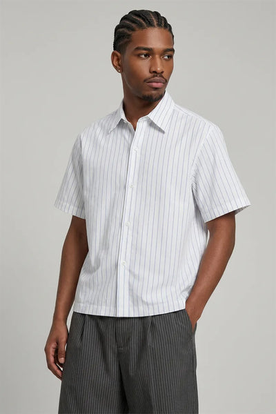 Men's Summer Cropped Vertical-Stripe Stretch Casual Shirt