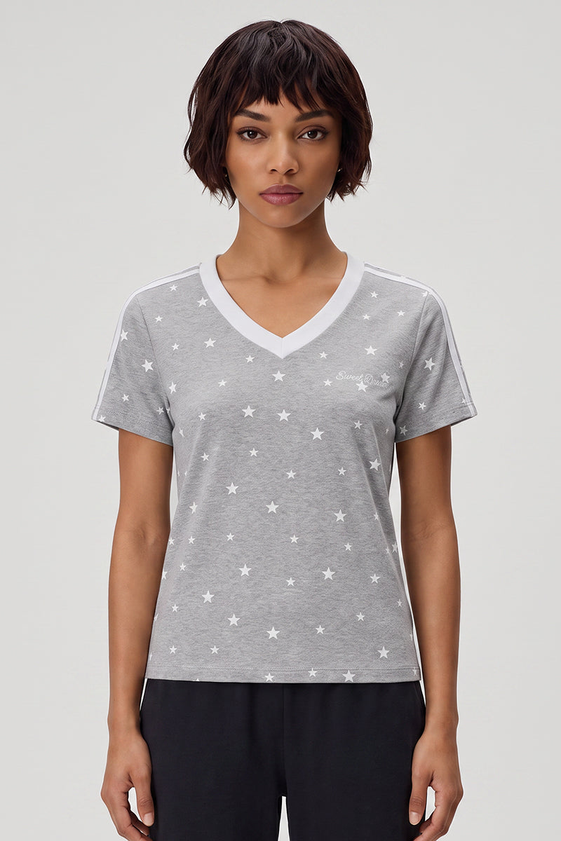 Women's Summer 3D Wing Star Print V-Neck Cotton T-Shirt