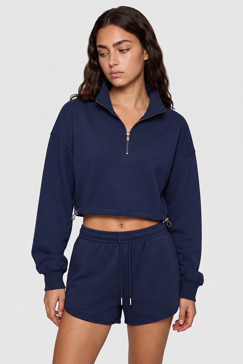 Women's Fall Winter Half-Zip Cropped Drawstring Sweatshirt