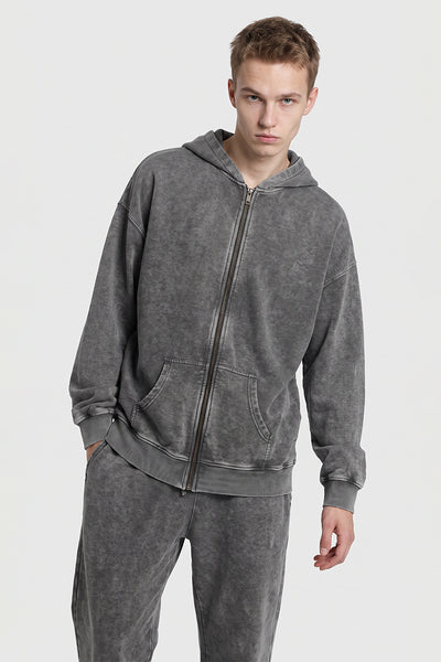 Men's Fall Winter Vintage Washed Zip-Up Pocket Hoodie