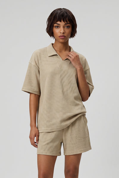 Women's Summer Old Money Heavy Waffle Snow Wash V-Neck Polo
