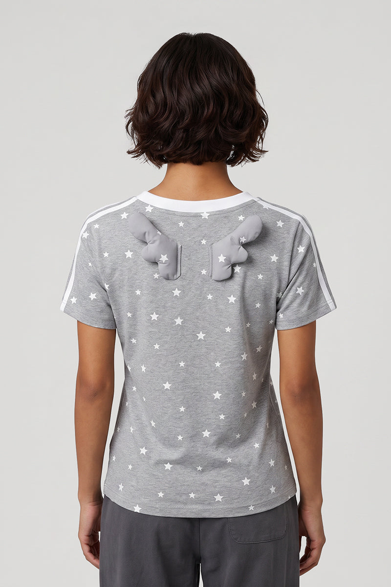 Women's Summer 3D Wing Star Print V-Neck Cotton T-Shirt