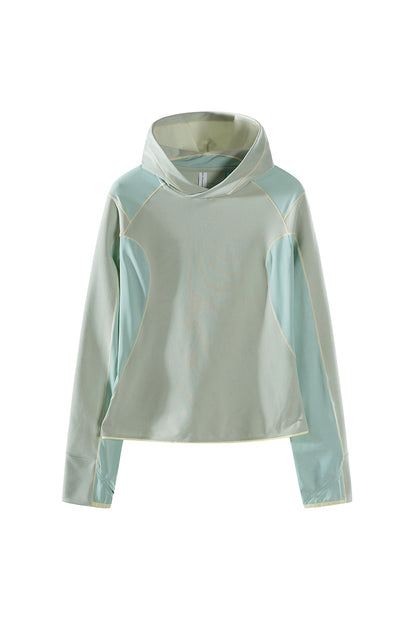 Women Spring Contrast Stitch Hooded Outdoor Long Sleeve Top