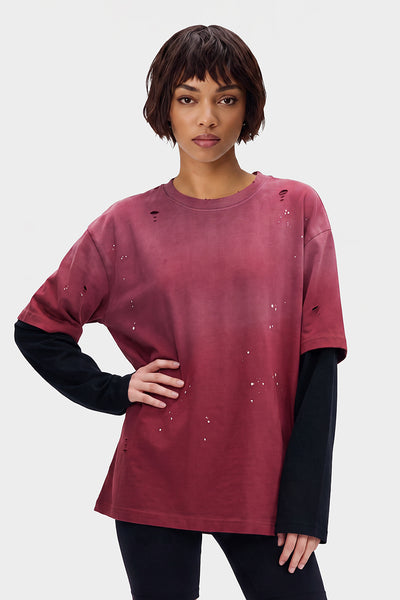 Women's Summer Distressed Layered Ripped Long-Sleeve Tee