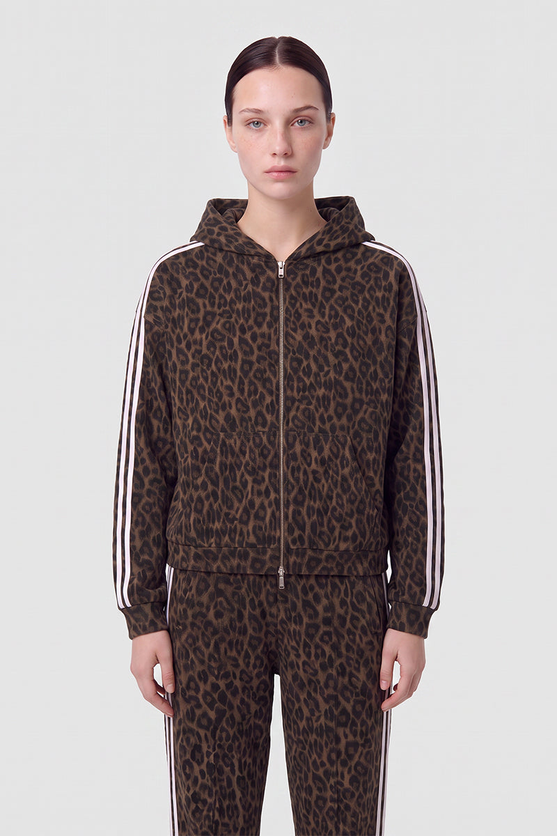 Women's Fall Winter Vintage Leopard Zip-Up Hooded Jacket