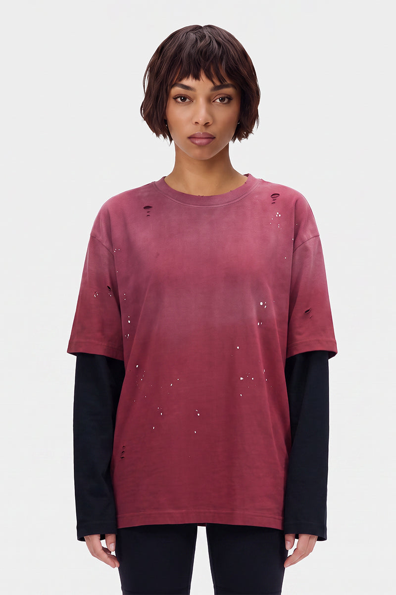 Women's Summer Distressed Layered Ripped Long-Sleeve Tee