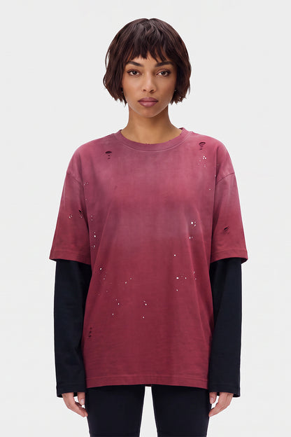Women's Summer Distressed Layered Ripped Long-Sleeve Tee