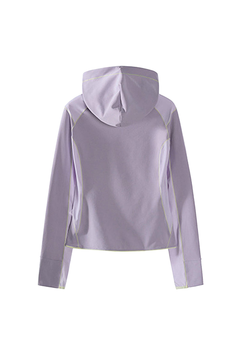 Women Spring Contrast Stitch Hooded Outdoor Long Sleeve Top