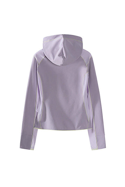 Women Spring Contrast Stitch Hooded Outdoor Long Sleeve Top