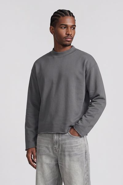 Men Fall Clothing Boxy Frayed Hem Mock Neck Long Sleeve Top