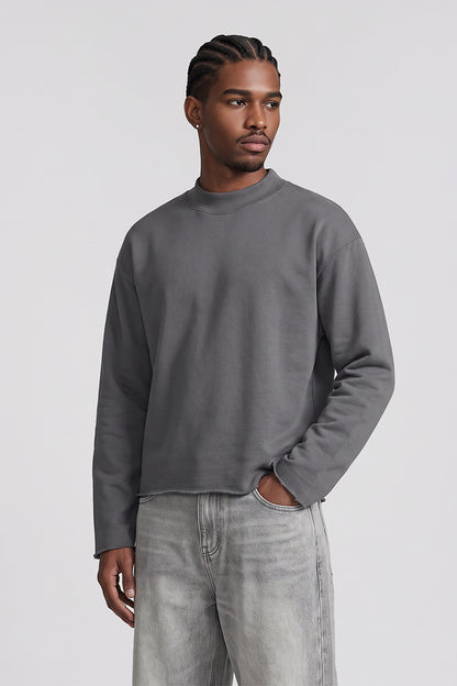 Men Fall Boxy Frayed Hem Mock Neck Long Sleeve Top
