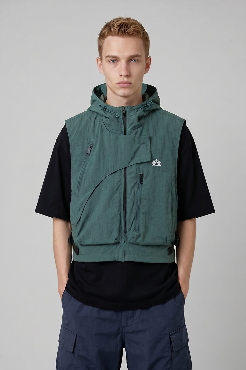 Men's Summer Hooded Multi-Pocket Cropped Utility Cargo Vest