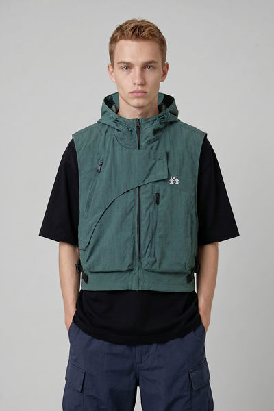 Men's Summer Hooded Multi-Pocket Cropped Utility Cargo Vest