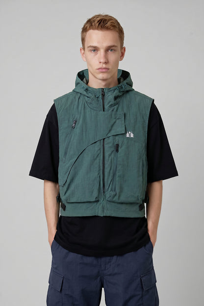 Men's Summer Hooded Multi-Pocket Cropped Utility Cargo Vest
