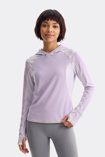 Women Spring Contrast Stitch Hooded Outdoor Long Sleeve Top