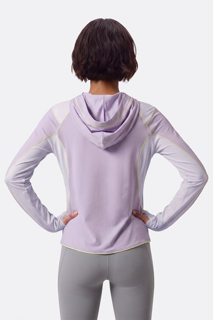 Women Spring Contrast Stitch Hooded Outdoor Long Sleeve Top