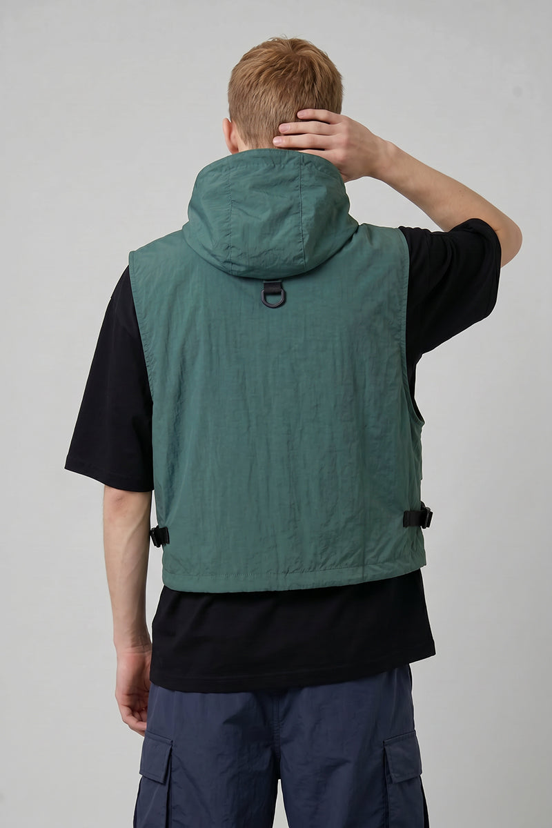 Men's Summer Hooded Multi-Pocket Cropped Utility Cargo Vest