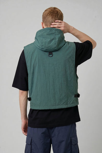 Men's Summer Hooded Multi-Pocket Cropped Utility Cargo Vest