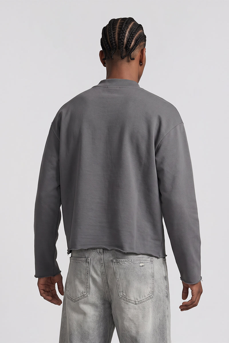 Men Fall Boxy Frayed Hem Mock Neck Long Sleeve Top