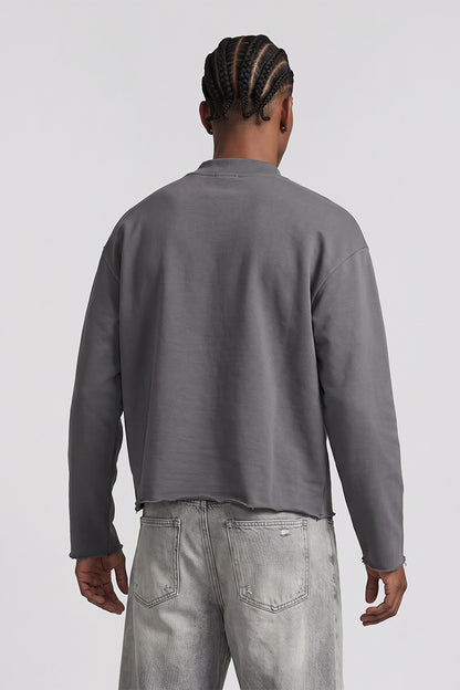 Men Fall Boxy Frayed Hem Mock Neck Long Sleeve Top