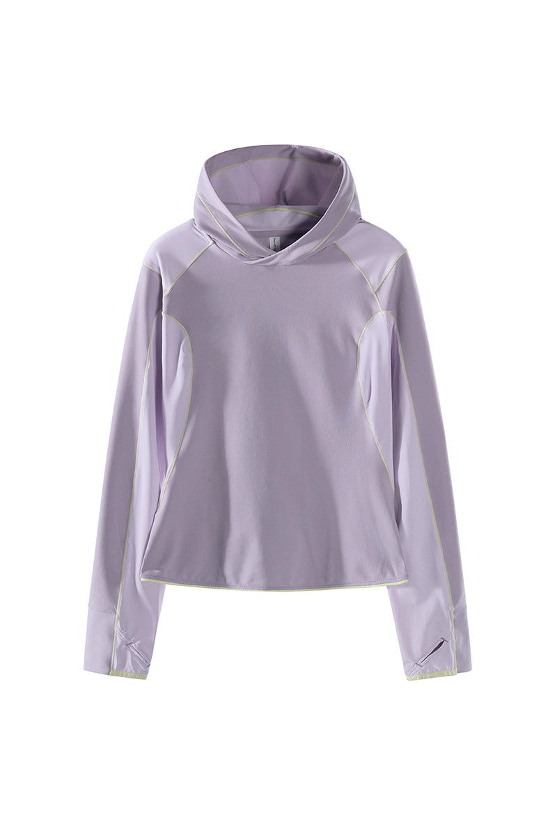 Women Spring Contrast Stitch Hooded Outdoor Long Sleeve Top