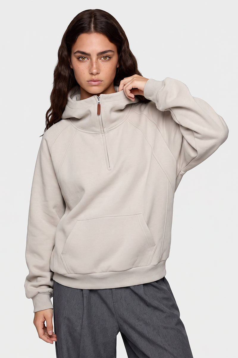 Women Winter Fleece Lined Half Zip High Collar Hoodie