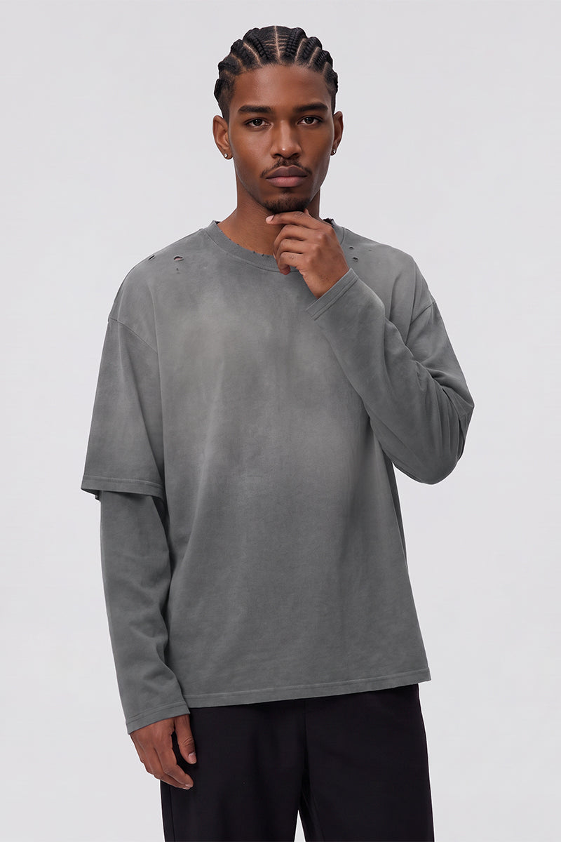 Men Fall Gradient Distressed Layered Long Sleeve Top